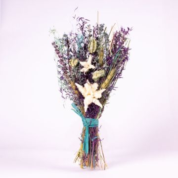 Dried flowers bouquet LOURDES with grasses, purple-blue-white, 30cm, Ø15cm