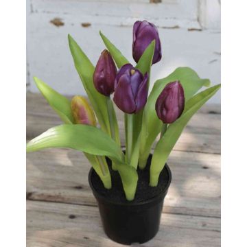 Artificial flower tulip LEANA in decorative pot, purple-green, 8"/20cm, Ø0.8"-1.6"/2-4cm