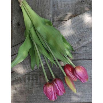 Artificial bouquet of tulips LONA, pink-green, 14"/35cm, Ø6"/15cm