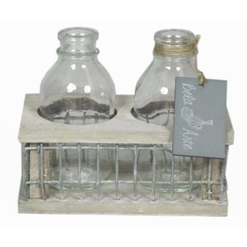 Decorative flower vases LEATRICE OCEAN in wooden box, 2 glasses, clear, 5.7"x3.1"x4.3"/14,5x8x11cm