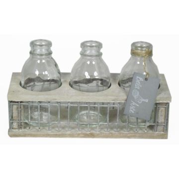 Decorative flower vases LEATRICE OCEAN in wooden box, 3 glasses, clear, 8"x3.1"x4.3"/21x8x11cm