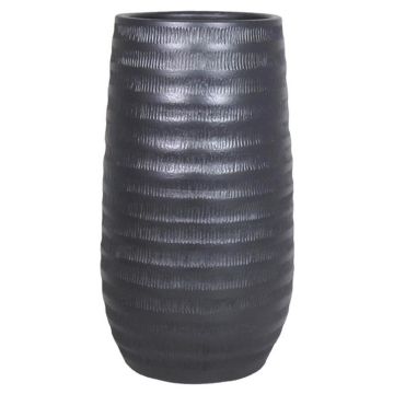 Ceramic flower vase TIAM with grooves, black matt, 16"/40cm, Ø9"/22cm