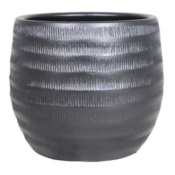Ceramic flower pot TIAM with grooves, black matt, 8"/21cm, Ø9"/24cm