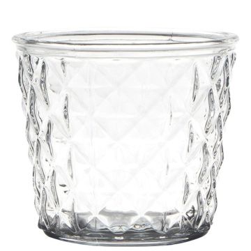 Candle jar IRYNA with diamond pattern, clear, 4"/10cm, Ø4.3"/11cm