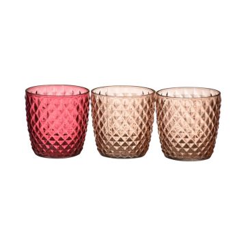 Tealight glass KIRSTIE, 3 pieces, diamonds, light pink-dark pink, 3.5"/9cm, Ø3.5"/9cm