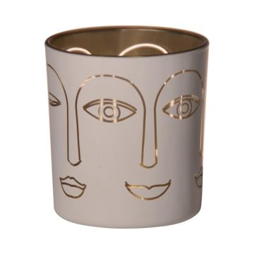 Glass candle holder LEOLINE with faces, white-gold, 3.1"/8cm, Ø2.8"/7cm