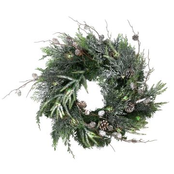 Artificial fir wreath STOCKTON, green, snow-covered, LEDs, Ø24"/60cm