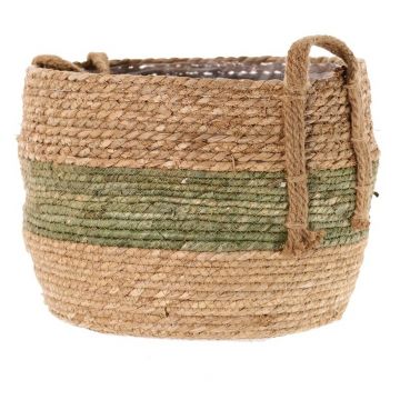 Basket planter UPALI, bound sea grass, 2 carrying handles, beige-green, 10"/26cm, Ø13"/33cm