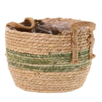 Basket planter UPALI, bound sea grass, 2 carrying handles, beige-green, 10"/26cm, Ø12"/30cm