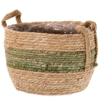 Basket planter UPALI, bound sea grass, 2 carrying handles, beige-green, 8"/19cm, Ø9"/24cm