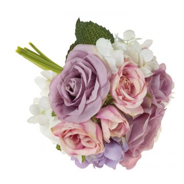 Artificial flower bouquet FOUDILA, roses, hydrangeas, pink-purple, 10"/25cm