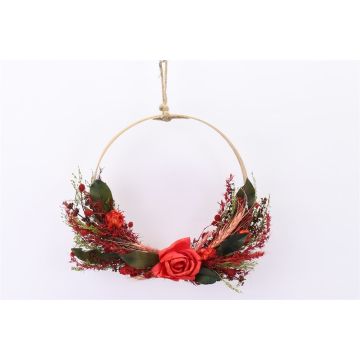 Dried flowers wreath GALENO on ring, red-green, 36,5cm, Ø30cm