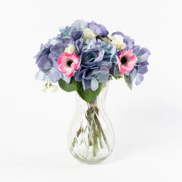 Silk hydrangea bouquet PENELOPE, anemone, blue-white, 12"/30cm, Ø8"/20cm