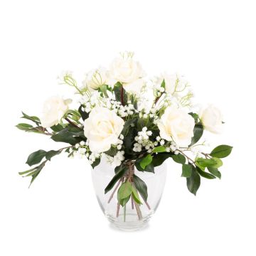 Fake rose bouquet AMELIE, baby's breath, white, 18"/45cm, Ø16"/40cm