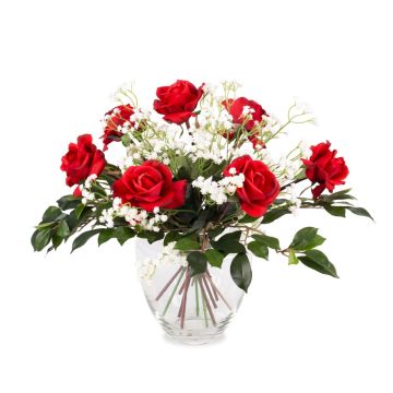 Fake rose bouquet AMELIE, baby's breath, red, 18"/45cm, Ø16"/40cm