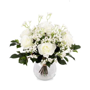 Rose bouquet ELLI with baby's breath and leaves, cream-light pink, 14"/35cm, Ø12"/30cm