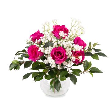 Rose bouquet ELLI with baby's breath and leaves, pink, 14"/35cm, Ø12"/30cm