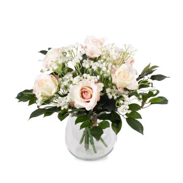 Rose bouquet ELLI with baby's breath and leaves, light pink-white, 14"/35cm, Ø12"/30cm