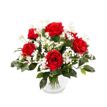 Rose bouquet ELLI with baby's breath and leaves, red, 14"/35cm, Ø12"/30cm