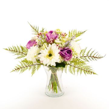 Artificial gerbera bouquet MALIA, rose, carnation, white-purple, 16"/40cm, Ø12"/30cm