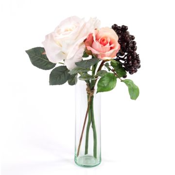 Artificial rose bouquet QUINZY, berries, pink, 12"/30cm, Ø6"/15cm