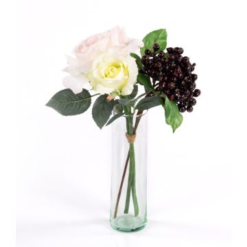 Artificial rose bouquet QUINZY, berries, pink-white, 12"/30cm, Ø6"/15cm