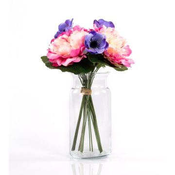 Silk peony bouquet MADDIE anemone, pink-blue, 12"/30cm, Ø8"/20cm