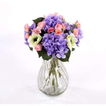 Silk hydrangea bouquet PENELOPE, anemone, purple-white, 12"/30cm, Ø8"/20cm