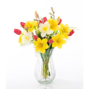 Artificial spring bouquet MANULA, narcissus, yellow-fuchsia-white, 16"/40 cm, Ø 12"/30 cm