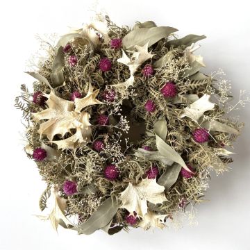 Dried wreath of flowers MACARENA on straw wreath, ball amaranth, fuchsia-cream-nature, Ø12"/30cm
